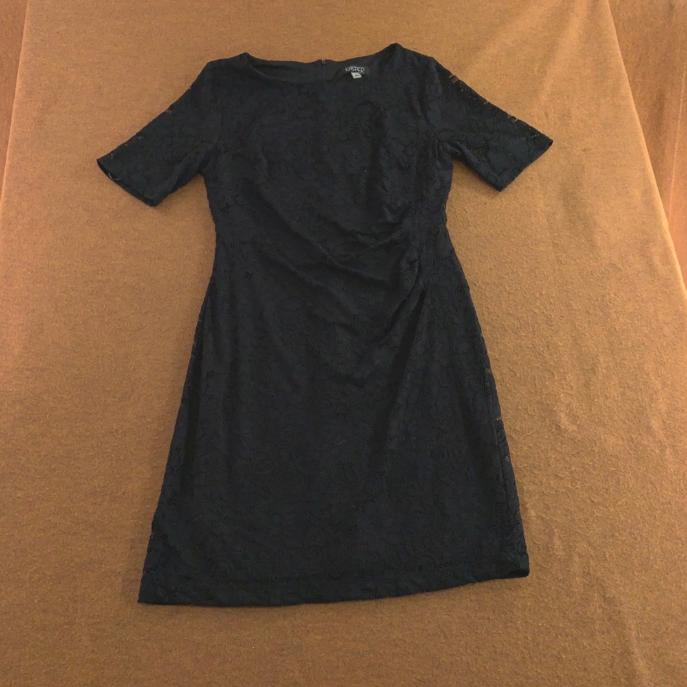 Kasper Womens Large Navy Blue Floral Lace Ruched Sheath Dress New
